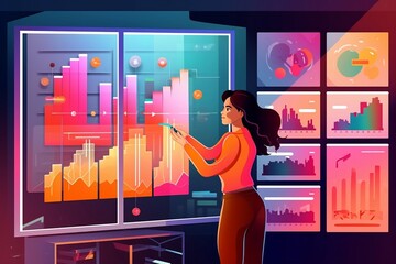 A professional woman analyst using a business analytics dashboard to analyze data and generate insightful reports. AI