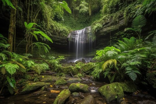 majestic waterfall cascading over the jungle landscape, created with generative ai