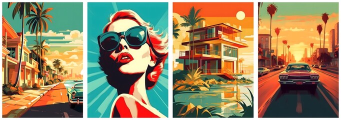 Poster template set for your text. Summer, Sunset, Woman, Travel. City with palm trees and cars, Beautiful villa building on the ocean. Generative Ai.