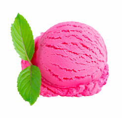 One ball of pink ice cream with mint leaves isolated on white background
