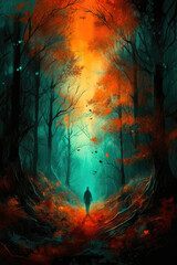 Enigmatic Shadows: A Man Roaming the Orange-Turquoise Forest. Generative AI