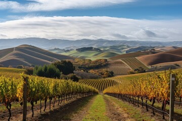 Naklejka premium vineyard with rolling hills and mountains in the background, created with generative ai
