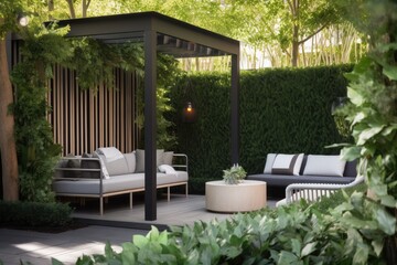 outdoor lounge area with plush seating and a reading nook, surrounded by greenery, created with generative ai