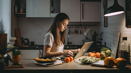 Working from home. Young woman using laptop and Internet. Freelancer workplace at kitchen table. Distance learning, self isolation, remote female business, shopping online. Lifestyle Generative AI