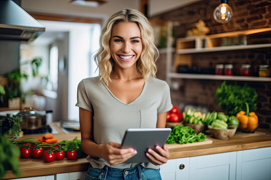 Tablet computer in hands of housewife standing in kitchen with lot of fresh vegetables on table Generative AI