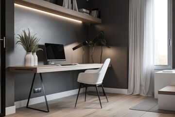 a sleek and minimalist home office, with a modern desk and chair, created with generative ai