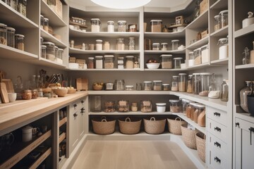 clutter-free kitchen, with organized and well-stocked pantry and cabinets, created with generative ai - obrazy, fototapety, plakaty