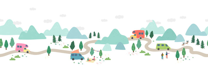 Obraz na płótnie Canvas Road trip seamless pattern, doodle camper vans, vanlife, adventure - great for textiles, banners, wallpapers - vector design