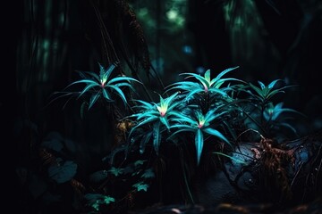 neon plant growing in dark and mysterious forest, created with generative ai