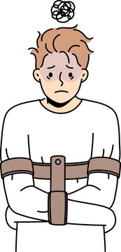 Unhappy man in straitjacket suffer from mental problems