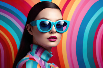 Fototapeta na wymiar Model in colorful pop art sunglasses poses against bright colors. Generative AI
