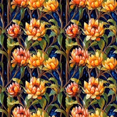 Seamless floral pattern with Protea flowers, tileable, Generative AI
