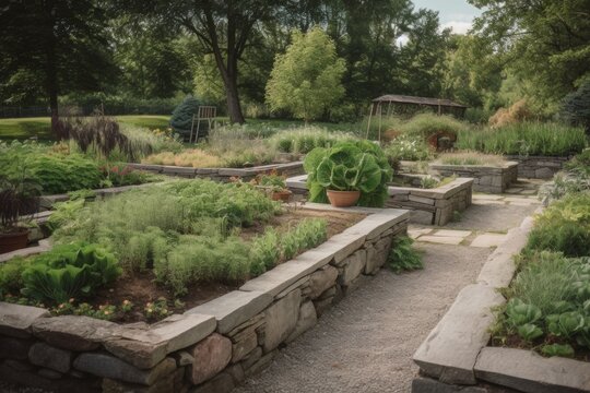 edible garden with raised beds and natural stone paths, created with generative ai