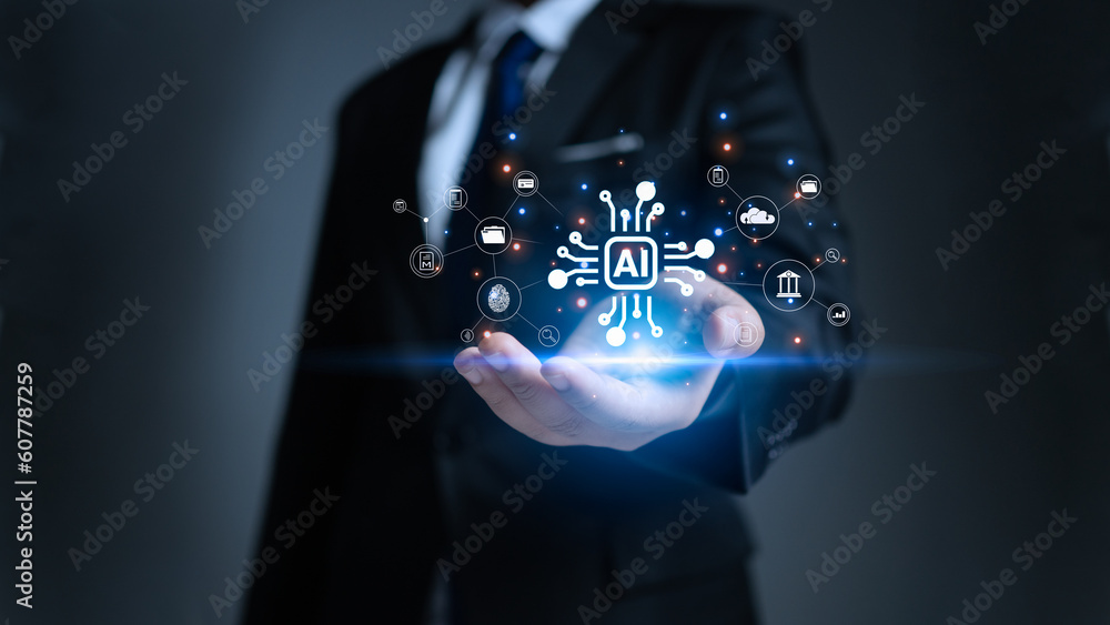 Poster ai, symbol, artificial intelligence of future technology. businessman holding a computer ai network 