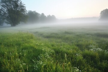 Obraz na płótnie Canvas misty meadow with fog rolling over the grass and dew on the ground, created with generative ai