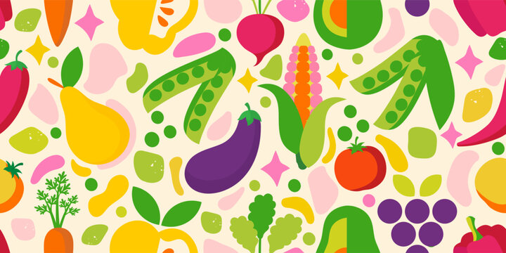Seamless pattern of fruits and vegetables. Juicy, bright design of healthy food will be a great decoration of your project!
