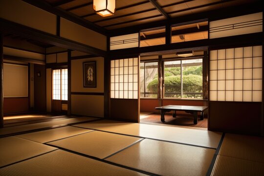 traditional japanese room with sliding screens and tatami flooring, created with generative ai