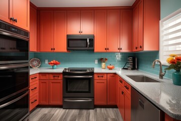 decluttered kitchen with new appliances, sleek countertops and vibrant color scheme, created with generative ai