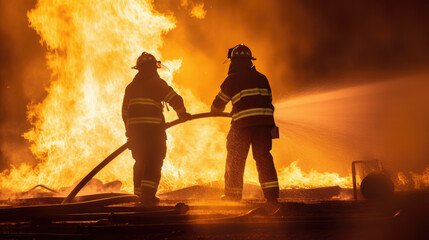 two firefighters fighting fire with water hose. generative ai