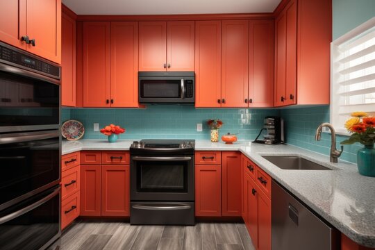 decluttered kitchen with new appliances, sleek countertops and vibrant color scheme, created with generative ai