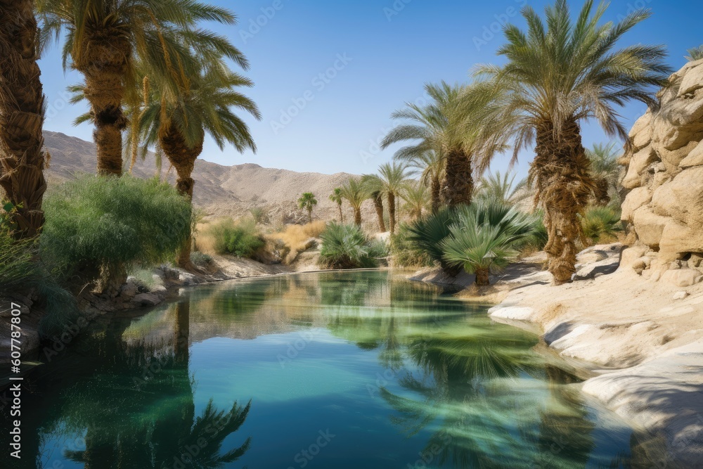 Canvas Prints oasis with palm trees and clear blue water surrounded by desert landscape, created with generative ai