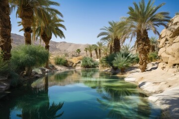 Fototapeta na wymiar oasis with palm trees and clear blue water surrounded by desert landscape, created with generative ai
