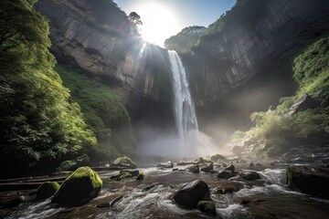 majestic waterfall, with mist rising up into the air and sunlight shining through, created with generative ai
