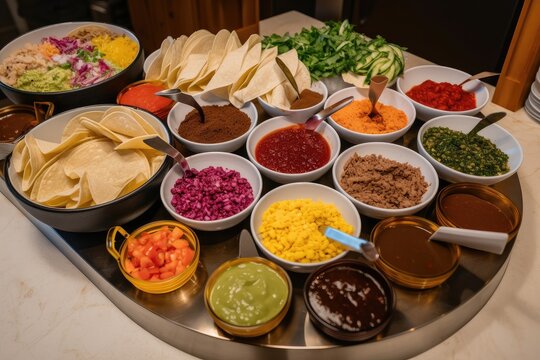 taco bar with a variety of fillings, sauces, and toppings, created with generative ai