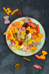Multicolor pasta,colorful uncooked pasta.