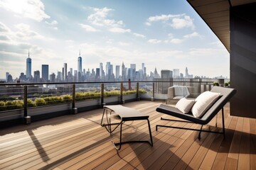 modern deck with sleek metal and wood furnishings, and view of city skyline, created with generative ai
