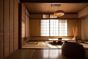 japanese interior with minimalist wooden furniture and textured fabric, created with generative ai