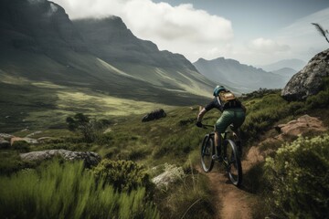 Obraz premium mountain biker taking on challenging downhill section, with view of the valley below, created with generative ai