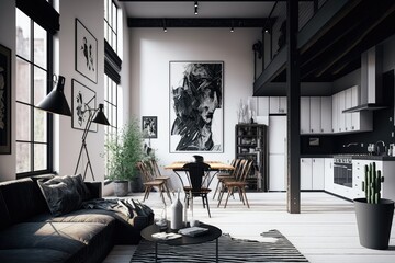 industrial home interior with black & white scheme and minimalist elements, created with generative ai