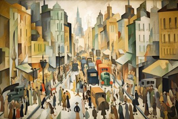 Obraz premium cubist painting of busy city street, with passersby and traffic visible, created with generative ai
