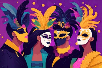 Fototapeta na wymiar card with a group of friends, decked out in masks and feathers for mardi gras celebration, created with generative ai