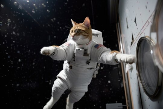 feline astronaut, floating in zero gravity with stars visible in the background, created with generative ai