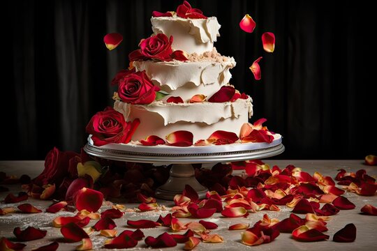 broken wedding cake with cascading icing and rose petals, created with generative ai