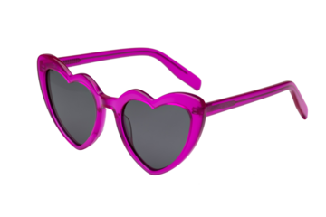 Side view of pink heart shaped sunglasses isolated on transparent background.