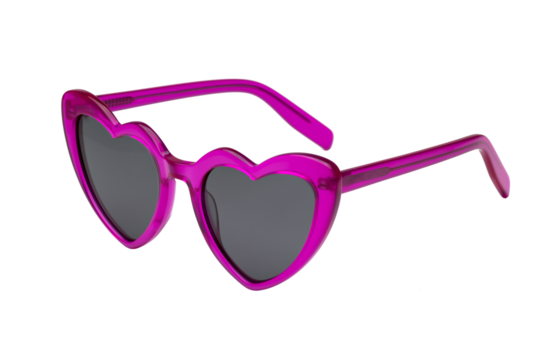Side view of pink heart shaped sunglasses isolated on transparent background.