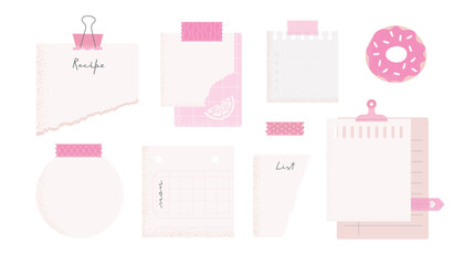 Stickers, note papers, planner doodles vector illustrations collection. Pink color, bright set for diary, notepad