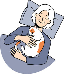 Smiling old woman lying in bed with cat on chest