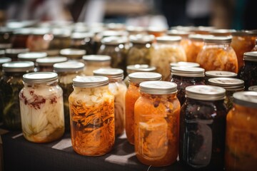 fermented food market, showcasing a variety of different fermented foods, such as kimchi and sauerkraut, created with generative ai