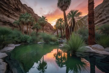 Fototapeta na wymiar lush oasis surrounded by fiery canyon sunset, with palm trees and water in the background, created with generative ai