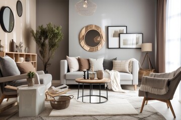 clutter-free living room with warm and inviting decor, cozy seating, and stylish accessories, created with generative ai