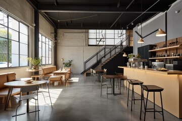 a coffee shop in a former warehouse, with its modern design and sleek furniture, created with generative ai