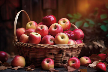 Autumn apples In The Basket on autumn leaves background with copy space. Ai generative