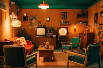 lofi interior with retro furniture and vintage decorations, created with generative ai