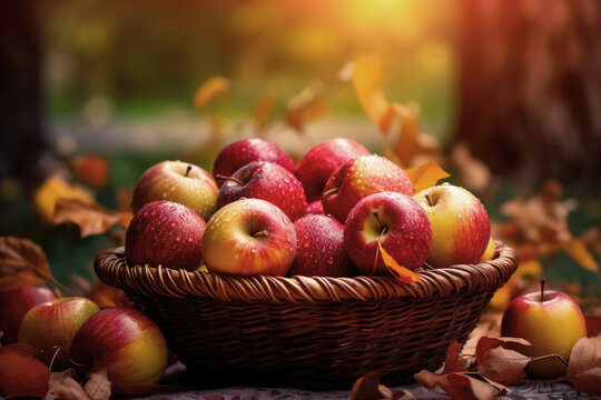 Autumn apples In The Basket on autumn leaves background with copy space. Ai generative
