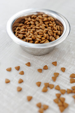 Dry food in a silver bowl on the wooden floor with copy space