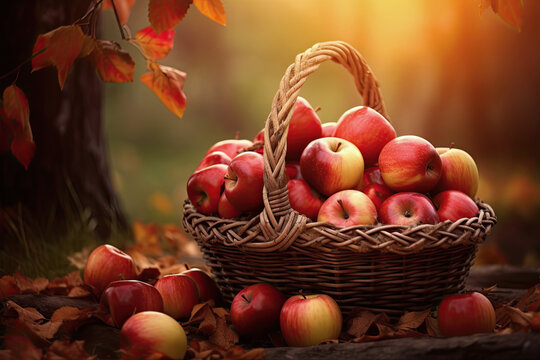 Autumn apples In The Basket on autumn leaves background with copy space. Ai generative